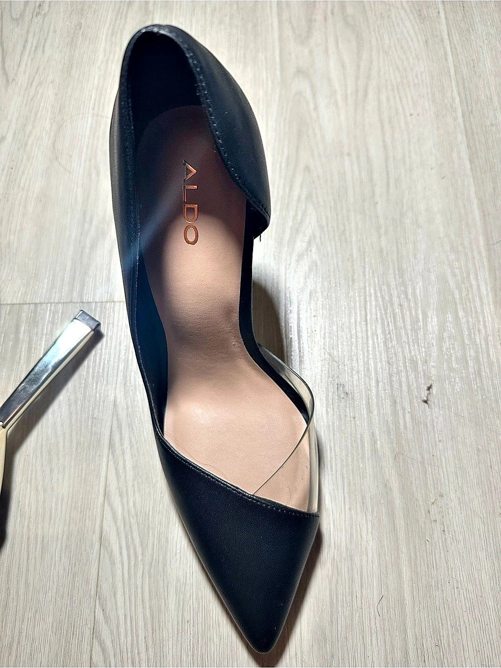 Aldo Harpa Black Patent Pointed Pumps Clear Vinyl Gold Mirror Heel 8.5